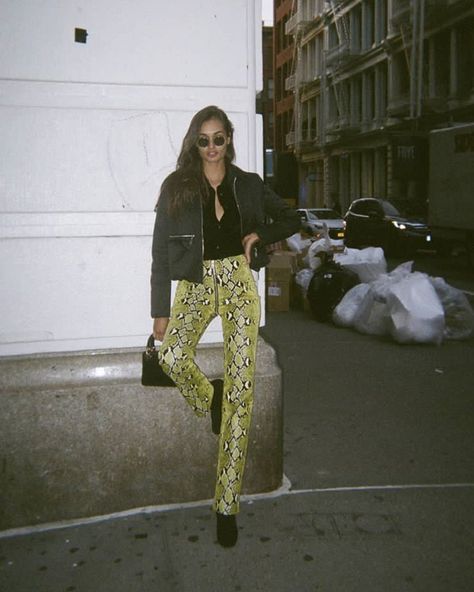 Snake Pants Outfit, Snake Outfit, Snake Print Outfit, Snake Pants, Party Dress Codes, Printed Pants Outfits, Snake Print Pants, Yellow Snake, Winter Pants Outfit