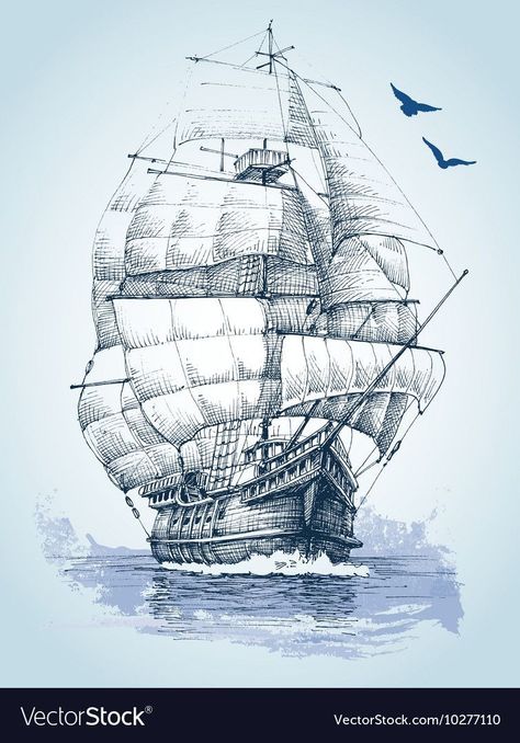 Boat On Sea, Ship Sketch, Ship At Sea, Old Ship, Sea Drawing, Boat Drawing, Old Sailing Ships, Ship Tattoo, Ship Drawing