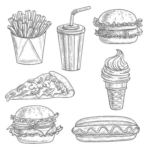 Pencil Food, Food Drawing Ideas, Aesthetic Assignment Ideas, Hand Pencil Drawing, Burger Drawing, Dog Pencil Drawing, Burger Vector, Sketch Icon, Dog Ice Cream