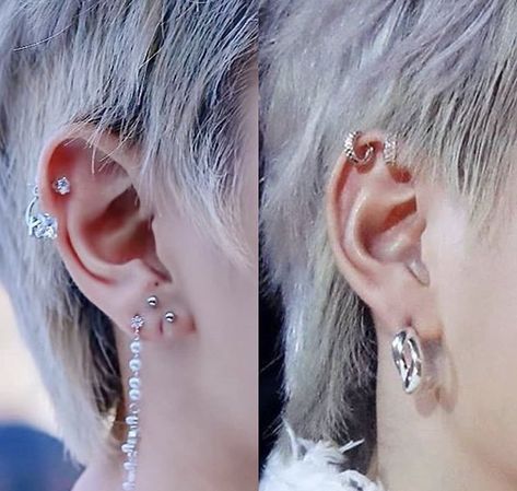 Hongjoong Ear Piercings, Kpop Piercings Female, Kpop Idols Piercings, Korean Piercings, Hongjoong Piercings, Kpop Ear Piercings, Kim Hongjoong Aesthetic, Ateez Tattoo Ideas, Ear Piercing Chart