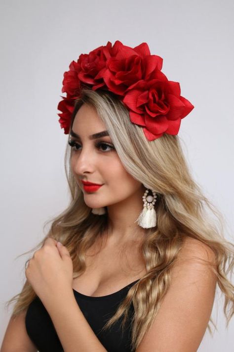 Mexican Wedding Bride, Mexican Flower Headband, Red Rose Headband, Roses Crown, Red Flower Headband, Dead Bride, Mexican Folklore, Crown Aesthetic, Rose Flower Crown