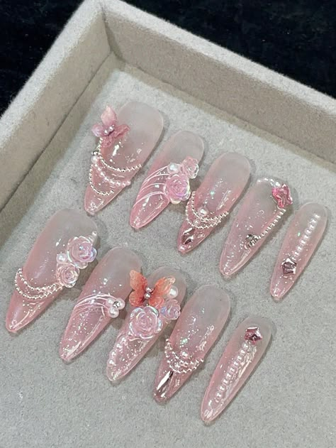 Multicolor  Collar  ABS   Embellished   Nail,Hand & Foot Care Nail Box Design, Diy Rhinestone Nails, Princess Nails, Handmade Nails, Fake Nails Designs, Butterfly Nails, Asian Nails, Pretty Gel Nails, Really Cute Nails