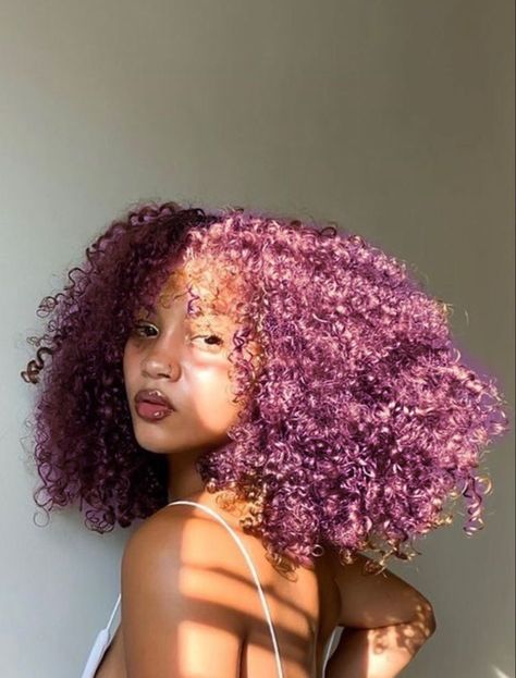 Purple Hair On Natural Hair, Light Brown Hair With Pink Skunk Stripe, Purple Hair Color Curly, Purple Hair Color Black Women, Curly Purple Hair Black Women, Lavender Curly Hair Black Women, Died Curly Hair Black Women, Dark Purple Curly Hair Black Women, Hair Color Ideas Curly Natural Curls