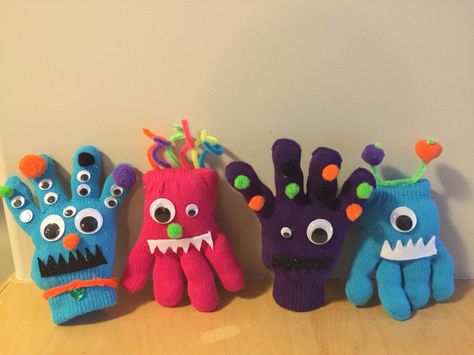 Glove monsters I made Glove Monsters, Gloves, Novelty Christmas, Christmas Ornaments, Sewing, Holiday Decor, Christmas