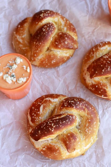 Homemade pretzels with buffalo dipping sauce Cheddar Cheese Sauce, Homemade Pretzels, Homemade Soft Pretzels, Half Baked, Half Baked Harvest, Soft Pretzels, Cheese Sauce, Pretzels, Appetizer Snacks