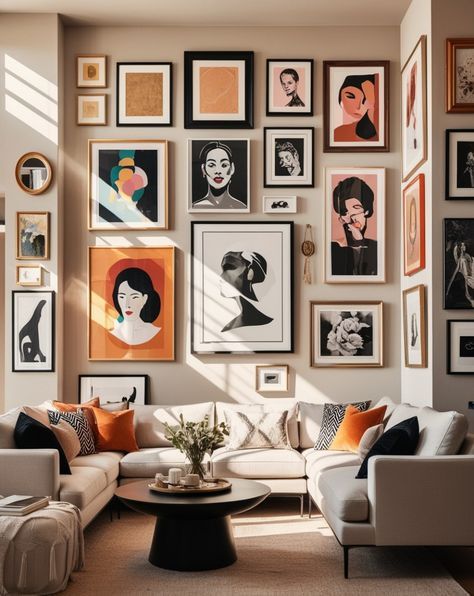 Gallery Wall Ideas Dark Wall, Electric Style Living Room, Architectural Digest Living Room Cozy, Eclectic Modern Apartment, Living Room Art Gallery, Modern Gallery Wall Hallway, Office Material Board, Modern Gallery Wall Living Room, Living Room Art Decor Ideas