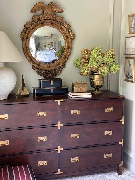 Ralph Lauren Dresser, Campaign Furniture Bedroom, Ralph Lauren Aesthetic Bedroom, English Bedroom Classic, Dresser Styling Bedroom, Serena And Lily Bedroom, French Country Dresser, Federal Mirror, English Country Bedroom