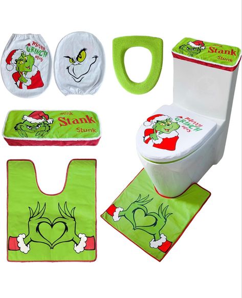 Christmas Bathroom Decor, Grinch Toilet Seat Cover Set Sets with Toilet Lid Cover Toilet Seat Cover Floor Rug Tank Cover for Bathroom Decorations O Grinch, Bathroom Decor Toilet, Grinch Stuff, Christmas Bathroom Sets, Cute Christmas Ideas, Toilet Decoration, Bathroom Decorations, Grinch Christmas Decorations, Christmas Bathroom Decor