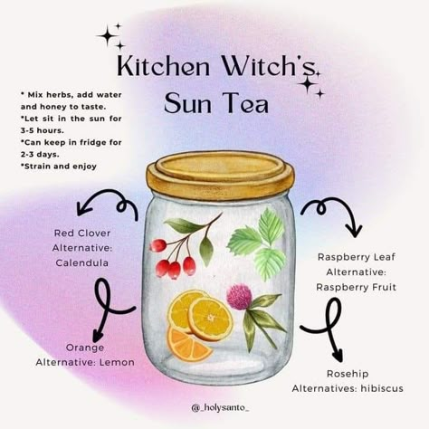 Tea For Witches, Witchy Tea Recipes, Manifestation Tea, Witchcraft Tea, Tea Witchcraft, Sun Tea Recipe, Healing Tea Recipes, Sun Witch, Witchy Recipes