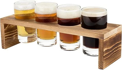 HOST A BEER TASTING IN YOUR OWN HOME - Skip the crowded brewery and have a beer tasting in your living room! True’s beer flight set makes it easy to compare your favorite beers and look good doing it. ELEGANT WOOD COMPLEMENTS BEER - Four sparkling 5 oz tasting glasses nest in a beautiful wooden tray. The sleek design keeps your stouts and IPAs safely in place, while the lightweight construction makes this beer sampler set easy to transport. Flight Boards, Beer Sampler, Flight Board, Beer Cellar, Drink Accessories, Beer Flight, Home Brewing Beer, Gifts For Beer Lovers, Beer Tasting