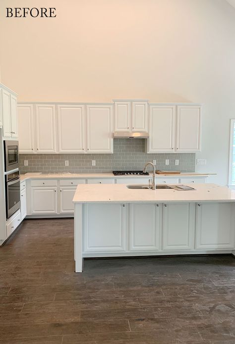 Our New Kitchen (Making a Builder Kitchen Look A Little More Custom) - Dear Lillie Studio Plaid Chair, Cabinet Cup Pulls, Laundry Room/mudroom, Builder Grade Kitchen, Quartz Backsplash, Dear Lillie, Dog Bowl Stand, White Backsplash, Wood Planters