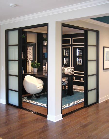 How To Close Off An Open Room, Black And White Home Office, Sliding Door Company, Office Room Dividers, Divider Ideas, Glass Room Divider, Bibliotheque Design, Room Divider Doors, Glass Room