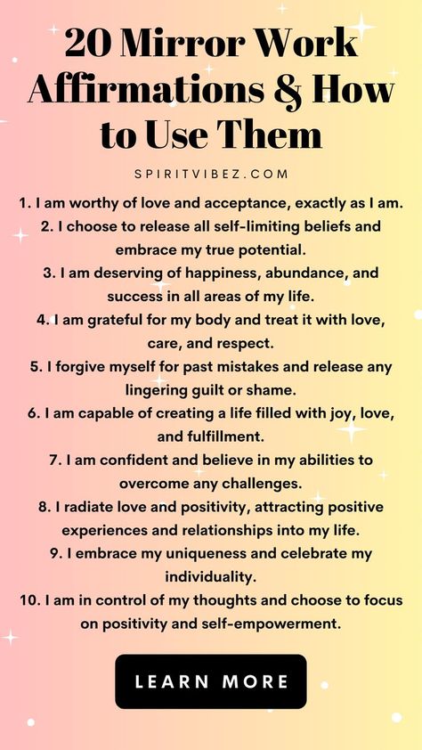 20 Mirror Work Affirmations & How to Use Them Mirror Work Aesthetic, Mirror Work Spiritual, How To Do Mirror Work, How To Practice Affirmations, Mirror Affirmations, Mirror Work Affirmations, Mirror Of Affirmations, Afirmations On Mirror Aesthetic, Daily Affirmations On Mirror