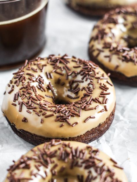 Chocolate Coffee Donuts with Coffee Icing (DF + vegan option) | Sugared & Stirred Flavored Icing, 4 Month Sleep Regression, Homemade Baked Donuts, Donut Icing, Coffee Icing, Baked Donut, Donut Flavors, Easy Donuts, Baked Donut Recipes