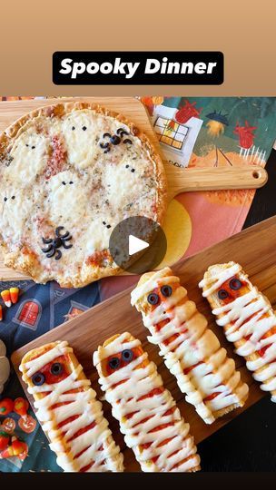 139K views · 7.9K reactions | Mummy Garlic Bread Pizzas!🍕👻The easiest and cutest Halloween meal your whole family will love! So simple, delicious, and just a few ingredients! What you’ll need:   frozen garlic bread marinara sauce sliced mozzarella cheese sliced olives   Directions:  Cut two pieces of frozen garlic bread in half to make 4 mummies.  Spread a layer of marinara sauce over each piece of bread.  Slice mozzarella cheese in skinny pieces, and lay across bread to make the mummy wrapping. Add sliced olives for eyes.  Bake according to directions on garlic bread packaging.   Bonus Halloween Food Hack: Take a frozen pizza, and add ghost cutouts of mozzarella on top of it! Use olive bits for ghost eyes and to make little spiders on the pizza as well! Bake according to directions on t Halloween Pizza Ideas, Halloween Food Hacks, Ghost Cutouts, Halloween Meal, Frozen Garlic, Frozen Garlic Bread, Macy Blackwell, Bread To Make, Spooky Dinner