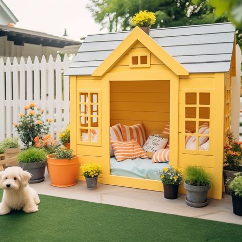 Diy Dog House Outdoor Cheap, Puppy Bedroom Ideas, Puppy Bedroom, Outside Dog Houses, Dog Friendly Garden, Pet Cafe, Dog Bedroom, Dog Kennel Designs, Dog House Plans