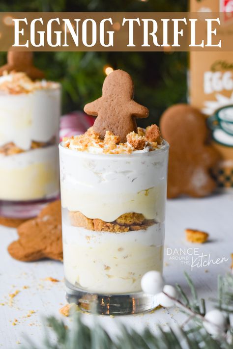 Creamy pudding, gingersnap cookies and fluffy whipped topping make up the layers in this delicious Egg Nog Trifle. It’s the ultimate Christmas dessert! #EggNog #Trifle #NoBake #Dessert #HolidayDessert Egg Nog Trifle Recipe, Eggnog Trifle Recipe, Gingerbread Eggnog Trifle, Ginger Snap Trifle, Egg Nog Tiramisu, Eggnog Desserts Christmas, Egg Nog Trifle, Eggnog Recipes Desserts, Mini Christmas Trifle