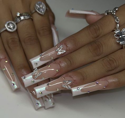 French Tip Birthday Set Nails, 18th Birthday Nails Acrylic, Nail Inspo Long Square, 18th Birthday Nails, Acrylic Nail Designs Coffin, Butterfly Rhinestone, White French Tip, Girly Acrylic Nails, Dope Nail Designs