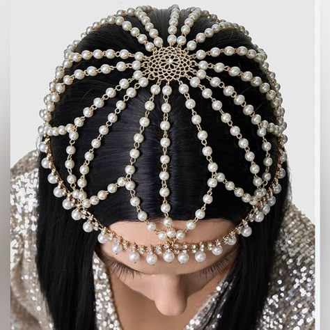 Beaded Head Piece, Gatsby Hair Accessories, Great Gatsby Hair, Great Gatsby Hairstyles, 1920s Hair Accessories, Head Chain Jewelry, Gatsby Hair, Art Deco Party, Flapper Headpiece