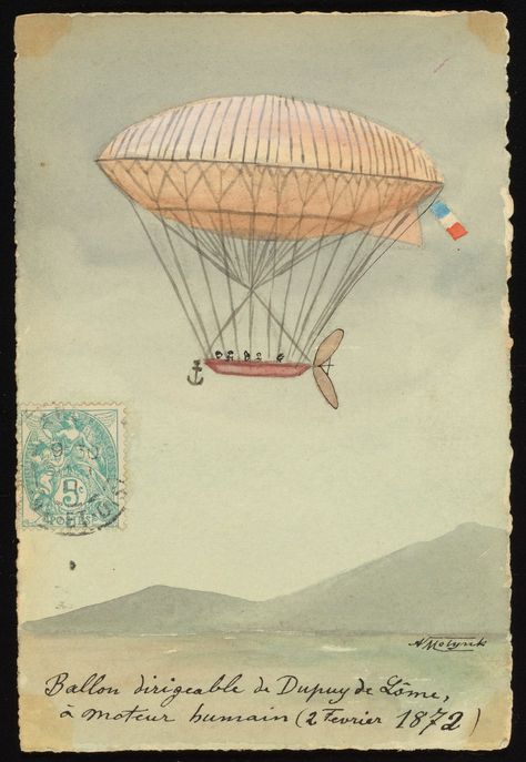 Ballon Dirigeable de Dupuy de Lôme, à moteur humain - Science History Institute Digital Collections Zeppelin Balloon, Steampunk Airship, Vintage Hot Air Balloon, Envelope Art, Hot Air Balloons, Air Balloons, Retro Futurism, Mail Art, Dieselpunk