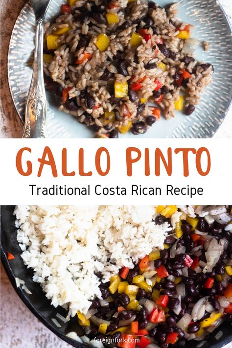 This recipe from Costa Rica was probably my favorite recipe to come out of the country! Gallo Pinto is a rice and beans dish from Costa Rica. It’s made with white rice, black beans, some peppers, and then the special ingredient, Lizano. Eggs And Tortillas, Gallo Pinto Recipe, Sushi Rice Recipes, Rice Black Beans, Costa Rican Food, Zone Recipes, Gallo Pinto, White Rice Recipes, Rice And Beans Recipe