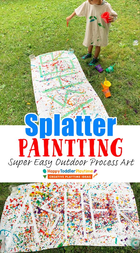 Splatter Painting: Easy Outdoor Art Activity - Happy Toddler Playtime Painting Activities For Preschoolers, Prek Lessons, Preschool Outdoor Activities, Artistic Activities, Summertime Activities, Splatter Painting, Summer Preschool Activities, Outdoor Activities For Toddlers, Preschool Crafts Fall