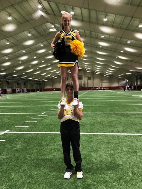 One Man.  Cheer.  Starkville High.  Peyton and Gracee.  Yellowjackets. Cheer Media Day, Male Cheerleaders, Summer Glowup, Greener Grass, Moms Photography, Cheers Photo, Brag Book, Cheer Picture Poses, Future Photos