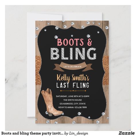 Boots and bling theme party invitation Bling Theme, Cowgirl Invitations, Country Bachelorette, Bling Party, Cowgirl Bachelorette, Mom Party, Bachelorette Party Planning, Boot Bling, Shop Boots