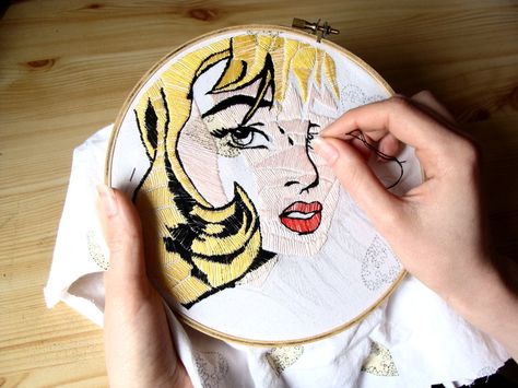 Deviant Discoveries - Mikad-O - Mr X Stitch. Pop Art Embroidery, X Stitch, Embroidery Hearts, Textiles Projects, Textile Projects, Roy Lichtenstein, Embroidered Art, Art Embroidery, Felt Patterns