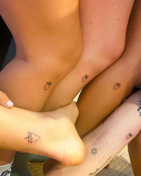 Minimalist Fruit Tattoo, Two Strawberries Tattoo, Strawberry Ankle Tattoo, Matching Fruit Tattoos, Strawberry Stick And Poke, Fine Line Strawberry Tattoo, Small Fruit Tattoos, Tiny Strawberry Tattoo, Small Strawberry Tattoo