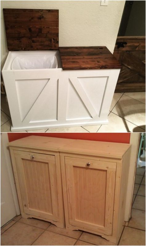 DIY Double Bin Recycling Station - 20 DIY Home Recycling Bins That Help You Organize Your Recyclables Garbage Bin Storage Indoor, Indoor Bin Storage Ideas, Double Garbage Can Cabinet Diy, Double Trash Can Cabinet Diy, Diy Wooden Trash Can Holder, Trash Can Storage Kitchen Diy, Recycling Station Ideas, Home Recycling Station, Wood Trash Can Holder