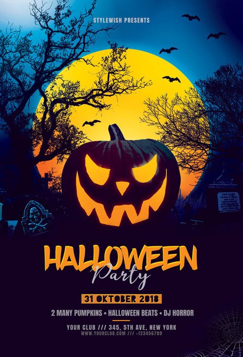 Halloween Party Flyer by styleWish. Download the PSD design for $9 at Graphicriver Halloween Invitation Card, Halloween Invitaciones, Halloween Invitation Template, Halloween Party Poster, Halloween Party Flyer, Halloween Graphics, Halloween Flyer, Halloween Invitation, Halloween Tags