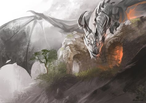 He is only smiling... by AlectorFencer White Dragons, Dragon Wyvern, Dragon Flying, Grey Ghost, Fantasy Dragons, Dragons Art, Mythical Beasts, Here There Be Dragons, Dragon Stuff