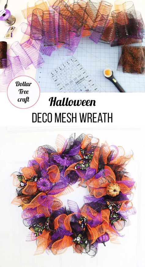 How to make a Halloween Deco Mesh Wreath. Use supplies from Dollar Tree to create a darling Halloween wreath to use in your Halloween decor. Halloween Mesh Wreaths, Deco Mesh Wreaths Diy, Fall Decor Dollar Tree, Dollar Tree Halloween, Halloween Deco Mesh, Mesh Wreath Tutorial, Diy Halloween Wreath, Mesh Wreath Diy, Wreath Halloween