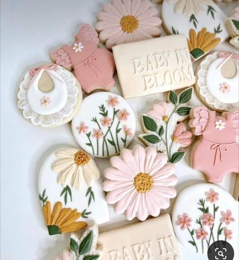 Daisy Baby Shower Cookies, Baby In Bloom Cookies Gender Neutral, Baby In Bloom Sugar Cookies, Sunshine Baby Girl Shower Cookies, Baby In Bloom Cookies, Bloom Theme, Floral Onesie Cookies, Baby In Bloom, In Bloom