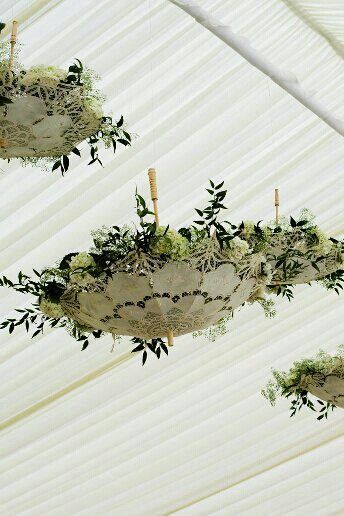 This has possibilities. White paper umbrellas with cedar boughs, lights and ?? Marquee Decoration, Deco Champetre, Marquee Wedding, Hanging Flowers, Deco Floral, The Ceiling, Ceiling Decor, Wedding Deco, Wedding Magazine