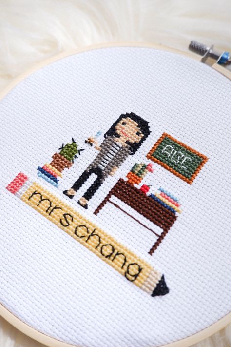 Teacher appreciation gift #stitchpeople Classroom Cross Stitch, Cross Stitch Teacher Pattern, Cross Stitch Teacher, Teacher Cross Stitch Patterns Free, Cross Stitch Teacher Gift, Cross Stitch For Teachers, Embroidery Teacher, Stitch People, Teacher Cross Stitch Patterns