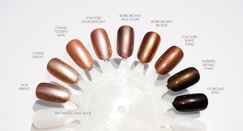 Color Focus | Bronze and Metallic Nail Lacquers - The Beauty Look Book Bronze Dip Powder Nails, Brown Metallic Nails, Bronze Nail Polish, Dior Nail Polish, Dior Nails, Bronze Nails, Nail Swatches, Brown Nail Polish, Sugar Nails