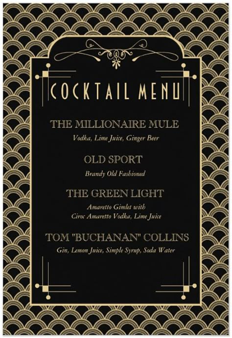 Great Gatsby Cocktail Menu Gatsby Birthday Party, Prohibition Party, Gatsby Gala, Speakeasy Party, Menue Design, Art Deco Cocktail, Great Gatsby Theme, 20s Party, Roaring 20s Party