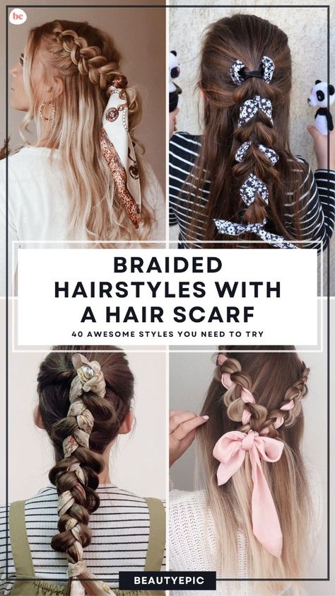 we are listing some of the most amazing braided hairstyles with a hair scarf for you. For every woman who wants to look cheerful and happier, scarves make a great addition to their hairstyle. Braids With A Scarf, Hair Scarf Braid, Hairstyles With A Scarf, Scarf Updo, Four Strand Braids, Twisted Scarf, Easy Braided Hairstyles, Dutch Braid Hairstyles, Braided Scarf