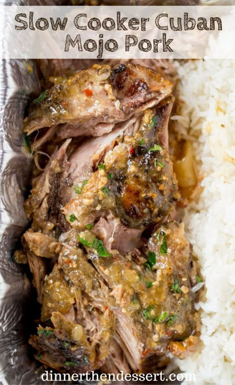 Slow Cooker Cuban Mojo Pork made with citrus, garlic, oregano and cumin takes almost no prep time and makes a fantastic, flavorful meal your family will love any night of the week! Cuban Mojo Pork, Cuban Mojo, Cuban Pork, Mojo Pork, Dinner Then Dessert, Pork Dinner, Slow Cooked Meals, Crockpot Pork, Pork Recipe