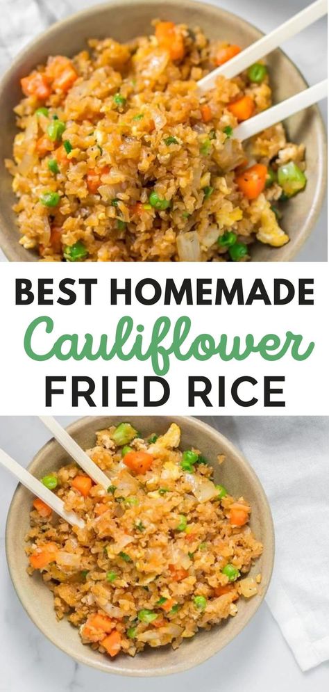 Cauliflower fried rice is a low carb alternative to one of the best Chinese style vegetarian recipes around. Follow these steps and I promise you can fool the most sensitive taste buds because it taste so much like the original. A one pan keto recipe that’s great for a low carb lunch and dinner or side dish! Looking for the best chinese fakeaway recipe or keto dinner recipes? Get the full recipe HERE Chinese Fakeaway Recipes, Cauliflower Rice Casserole Recipes, Califlower Fried Rice, Riced Cauliflower Recipes, Keto Fried Rice, Keto Cauliflower Rice Recipes, Chinese Fakeaway, Vegetarian Burger Recipe, Healthy Pork Chop Recipes