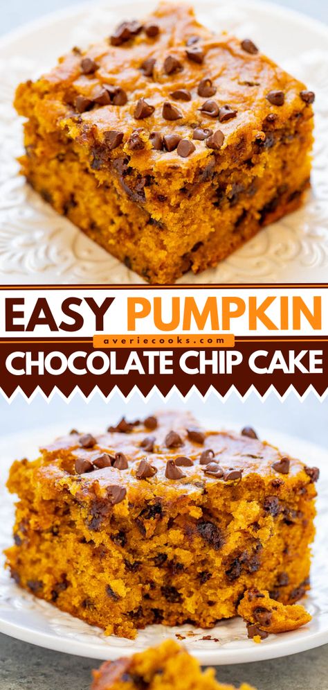 Pumpkin Chocolate Chip Cake - Averie Cooks Pumpkin Chocolate Chip Desserts, Pumpkin Chocolate Desserts, Pumpkin Chocolate Chip Recipes, Chocolate Chip Pumpkin Cake, Chocolate Chip Spice Cake, Pumpkin Chocolate Chip Cupcakes Easy, Pumpkin Chocolate Chip Spice Cake, Pumpkin Chocolate Dessert, Pumpkin Cake With Chocolate Chips