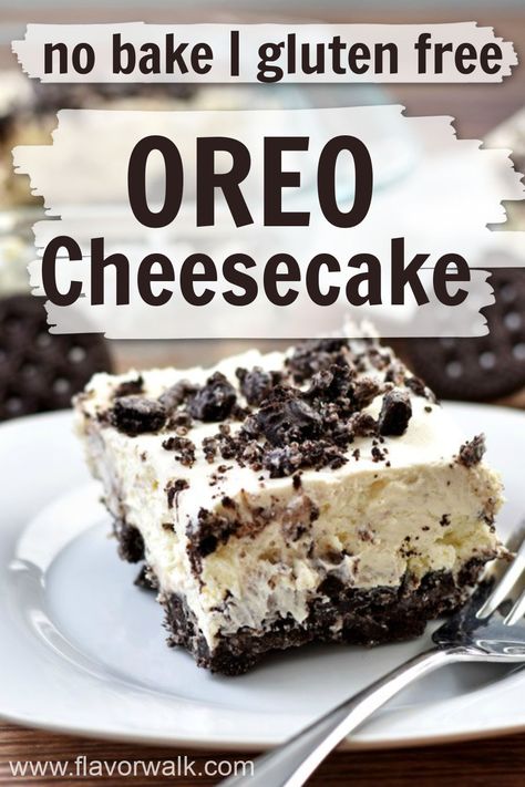 This easy to make no bake oreo cheesecake recipe combines a gluten free chocolate cookie crust with a sweet and creamy filling. It's a perfect dessert to be enjoyed all summer long! Gluten Free Oreo Cheesecake, Quick Gluten Free Desserts, No Bake Oreo Cheesecake Recipe, Gluten Free Cheesecake Recipes, Baked Oreo Cheesecake Recipe, Oreo Cheesecake Recipe, Gluten Free Oreos, Chocolate Cookie Crust, Gluten Free Chocolate Cookies