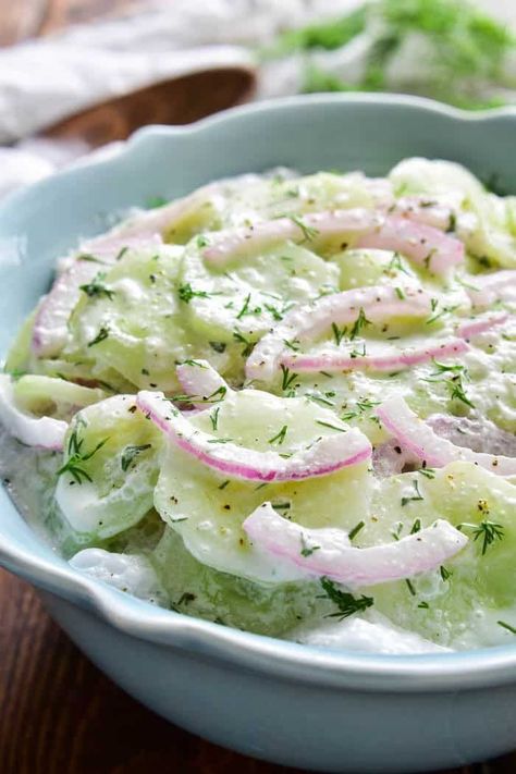 Creamy Cucumber Salad - just like Grandma made! This classic recipe is made with fresh cucumbers, red onions, fresh dill, and a handful of other ingredients for a side dish that everyone will love. It's light, creamy, and incredibly easy to make. The perfect salad for picnics, pot lucks, or summer grilling. Salads For Picnics, Lemon Tree Dwelling, Easy Cucumber Salad, Salad Appetizer Cups, Salad Art, Appetizer Cups, Salad Aesthetic, Cucumber Salad Recipe, Salad Recipe Ideas