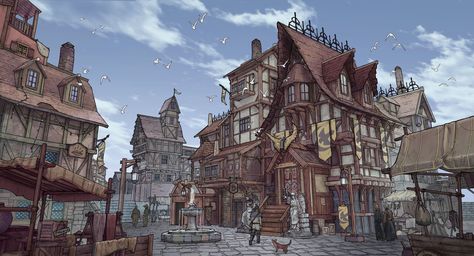 Stylized Artstyle, Fantasy Inn, Building Reference, Fantasy Houses, Buildings Art, Medieval Buildings, Fantasy Village, Story Background, Medieval City