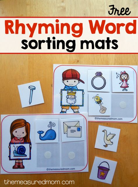 Teach Rhyming, Rhyming Words Activities, Rhyming Preschool, The Measured Mom, Measured Mom, Ending Sounds, Sorting Mats, Rhyming Activities, Preschool Literacy