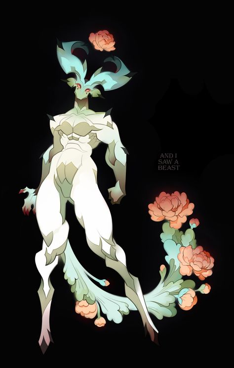 Flower Creature Concept Art, Sylph Character Design, Flower Monster Concept Art, Venus Fly Trap Character Design, Tiefling Horns Aesthetic, Tusks Drawing, Incubus Design, Stance Pose Reference, Minotaur Aesthetic