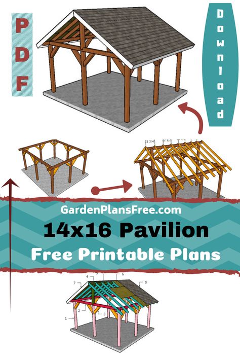 If you want to learn more about 14×16 outdoor pavilion plans you have to take a close look over the free plans in the article. This large pavilion has a gable roof with a 30 degree slope, so you can build it even in areas with significant precipitations. This pavilion is built on a 6×6 base frame, so it will be very sturdy and durable. #diy #pavilion #pergola #woodworking Wooden Outdoor Pavillion, Outdoor Covered Patio Plans, How To Build A Pergola With Roof, A Frame Pergola Ideas, Gable Pergola Ideas, 20x24 Pavilion Plans, Free Standing Patio Cover Plans, Gazebo Plans How To Build, How To Build A Pavillion