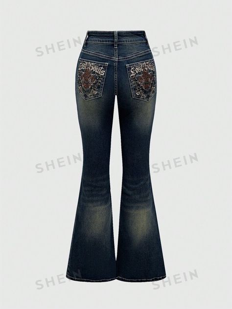 ROMWE Plus Floral Embroidery Flare Leg Jeans | SHEIN USA Flared Jeans Outfit Y2k, Early 2000s Outfits, 2000s Pants, Flare Jean Outfit, Star Patches, Printed Flare Pants, Wishlist 2024, 2000s Outfits, Christmas Clothes